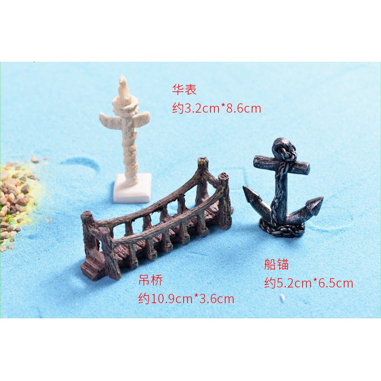 Mô hình cầu treo, cột rồng hay đồng hồ mặt trời Trung Quốc cổ đại và mỏ neo đen trang trí tiểu cảnh, chụp DIY