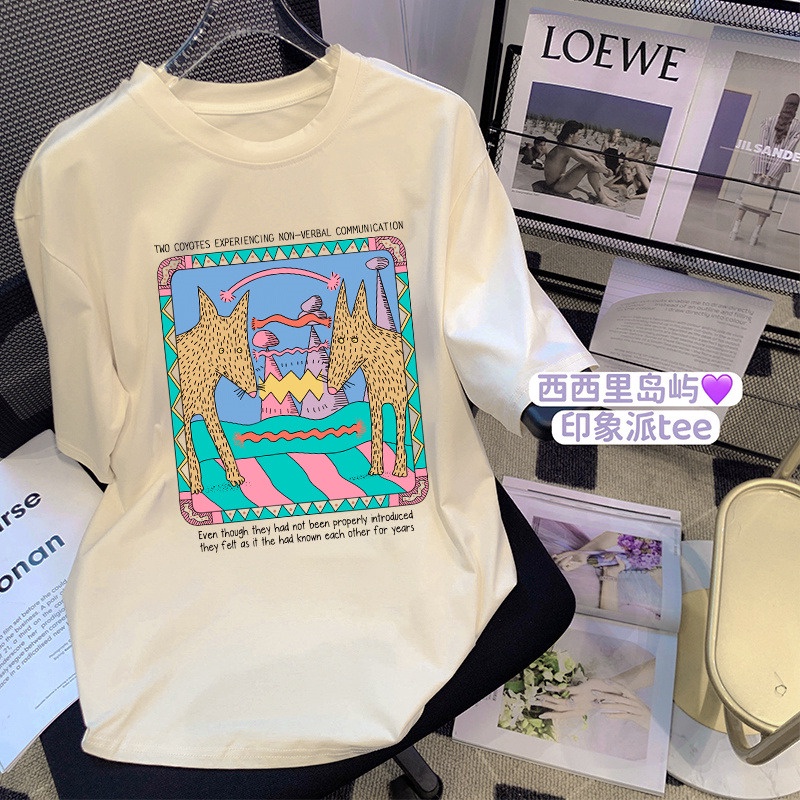Áo Thun HIIXIIVI 100% cotton Tay Ngắn Cổ Tròn In Hình Hoàng Hôn Thời Trang Mùa Hè Phong Cách Hàn Quốc Dành Cho Nữ 2022