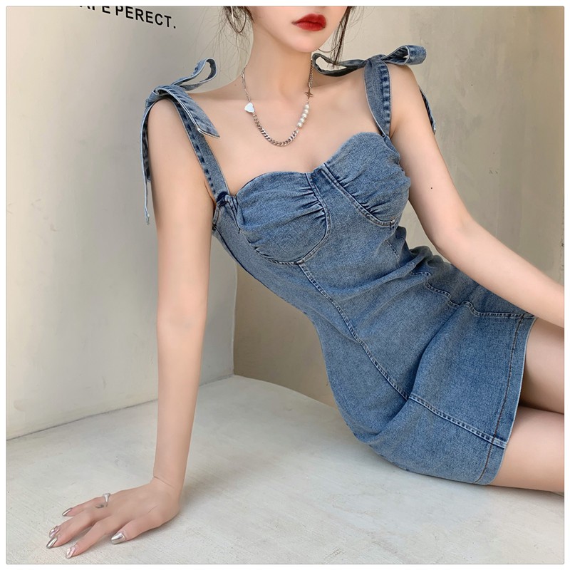Đầm Jean 2 Dây ,Váy Jean 2 Dây Cúp Ngực Thắt Nơ Siêu Gợi Cảm Cho Nữ