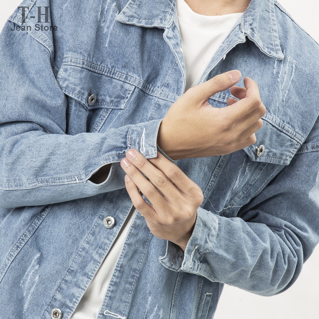 Áo khoác jean nam màu xanh cơ bản cào xước, áo khoác jean thời trang cho nam | BigBuy360 - bigbuy360.vn