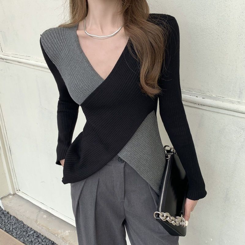 COZOK Áo Len Tay Dài Cổ Chữ V Vạt Chéo Ôm Dáng Thời Trang Dành Cho Nữ