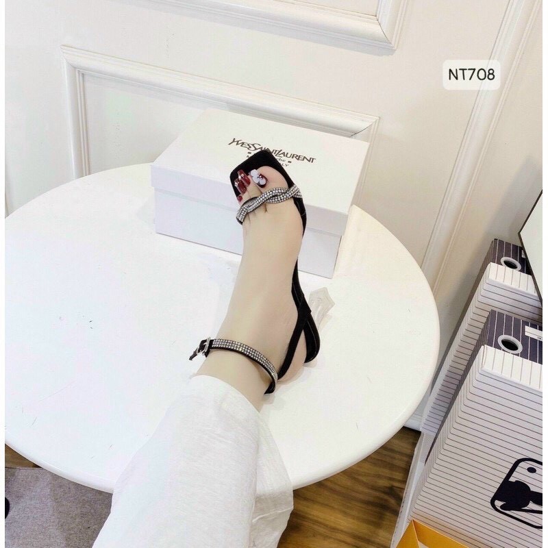 Giày sandanl nữ quai tết kim tuyến gót pha lê 7cm hàng cao cấp