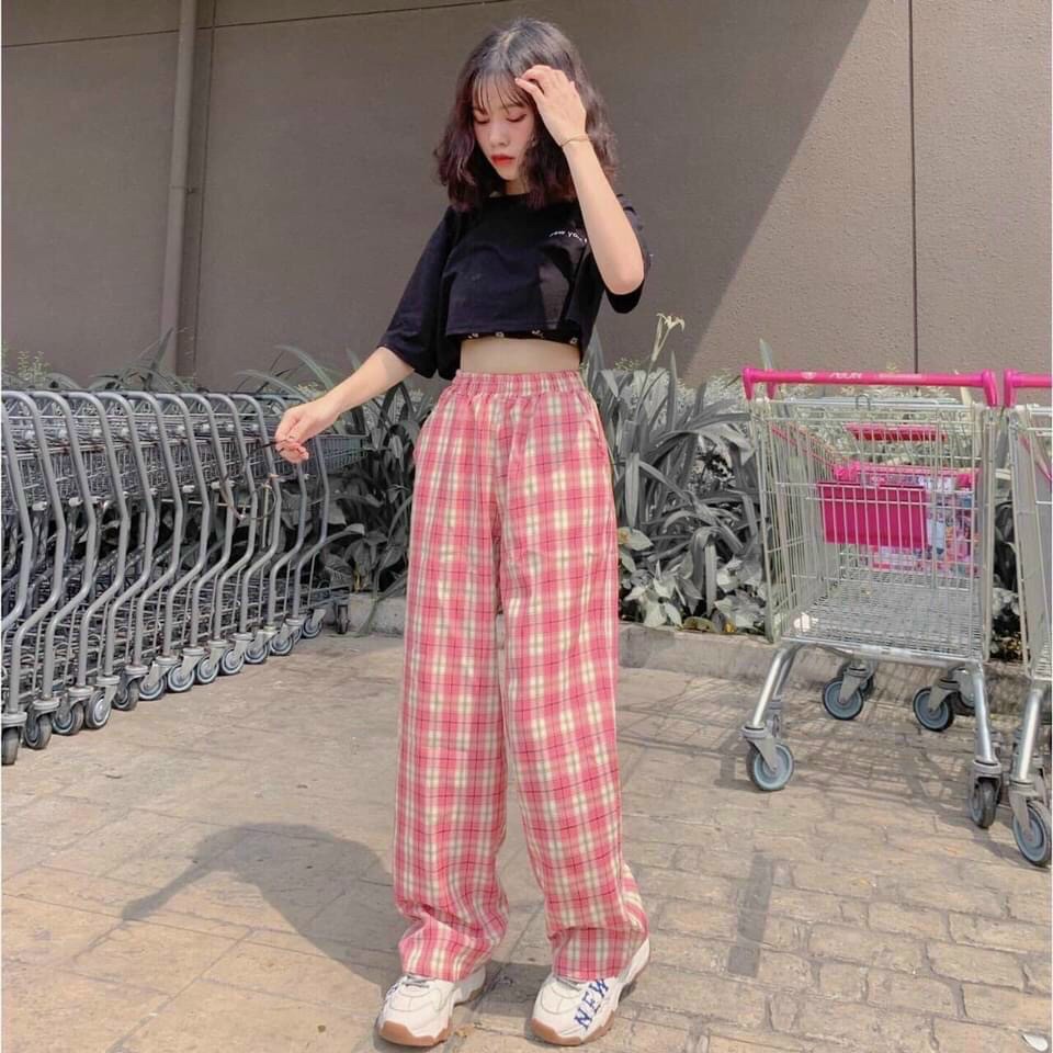 Quần caro ống rộng Unisex freesize chất kate thóang mát loại 02 CHILLSHOP