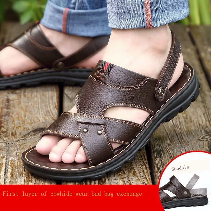 Dép Sandal Bằng Da Bò Thật Hai Cách Mang Mang Đi Biển Mùa Hè Đơn Giản Dành Cho Đàn Ông Trung Niên
