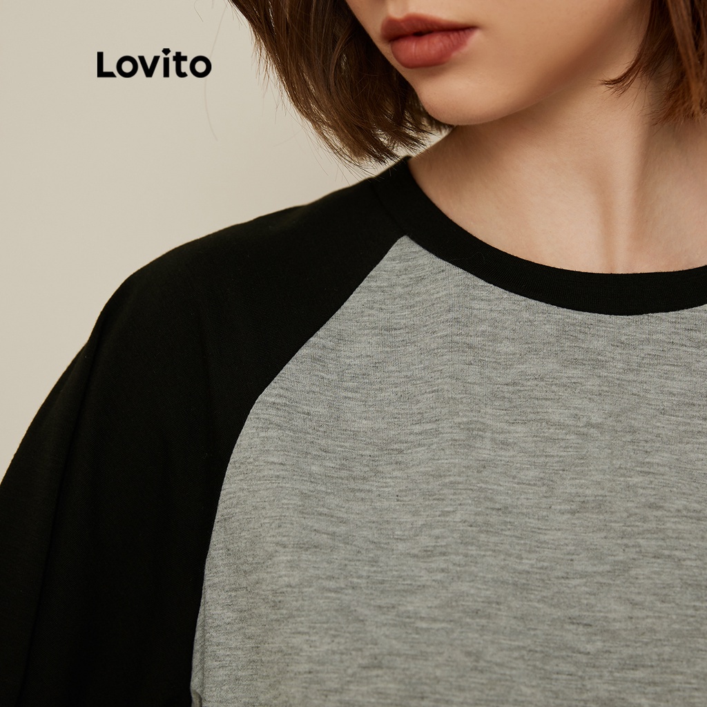 Áo thun Lovito tay raglan dáng ngắn ghép nối màu sắc màu trơn phong cách Preppy L19D019 (màu xám)