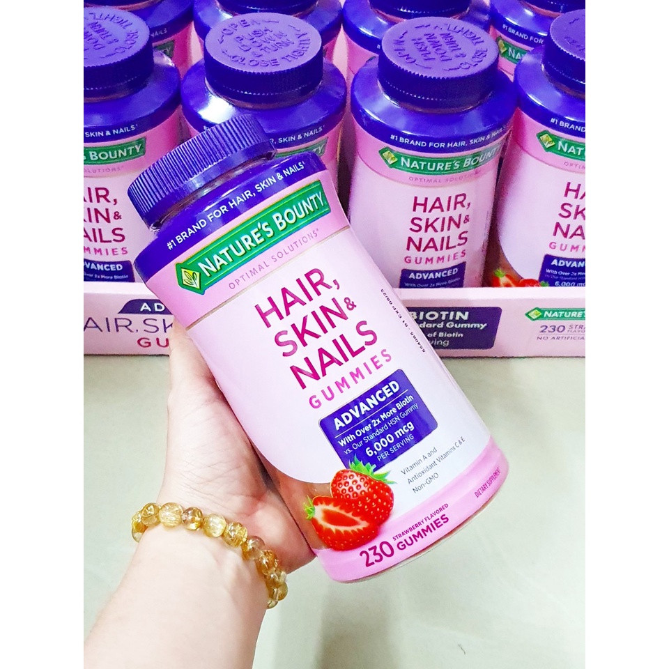 Kẹo dẻo Hair skin nail chai 230 viên hãng nature bounty từ Mỹ - bổ sung vitamin khoáng chất đẹp da móng tóc