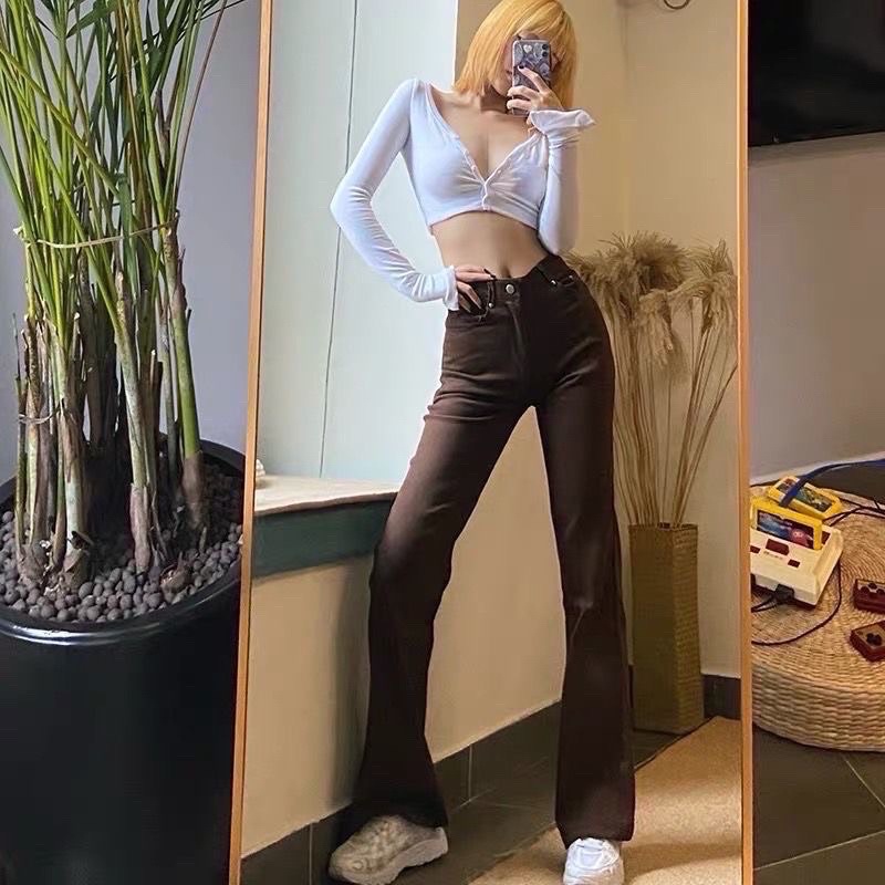 Quần jean thô ống loe màu nâu cá tính siêu hách chân