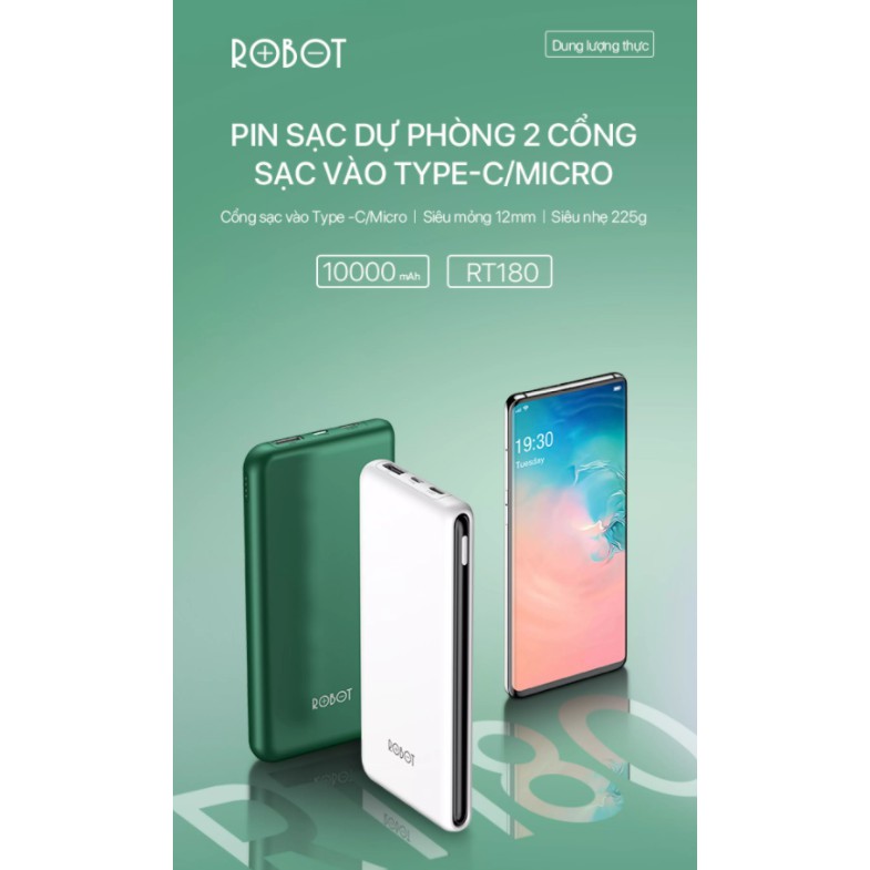 Pin Sạc Dự Phòng ROBOT 10.000mAh - 2 Output &amp; 2 Input - BẢO HÀNH 1 ĐỔI 1 - RT180