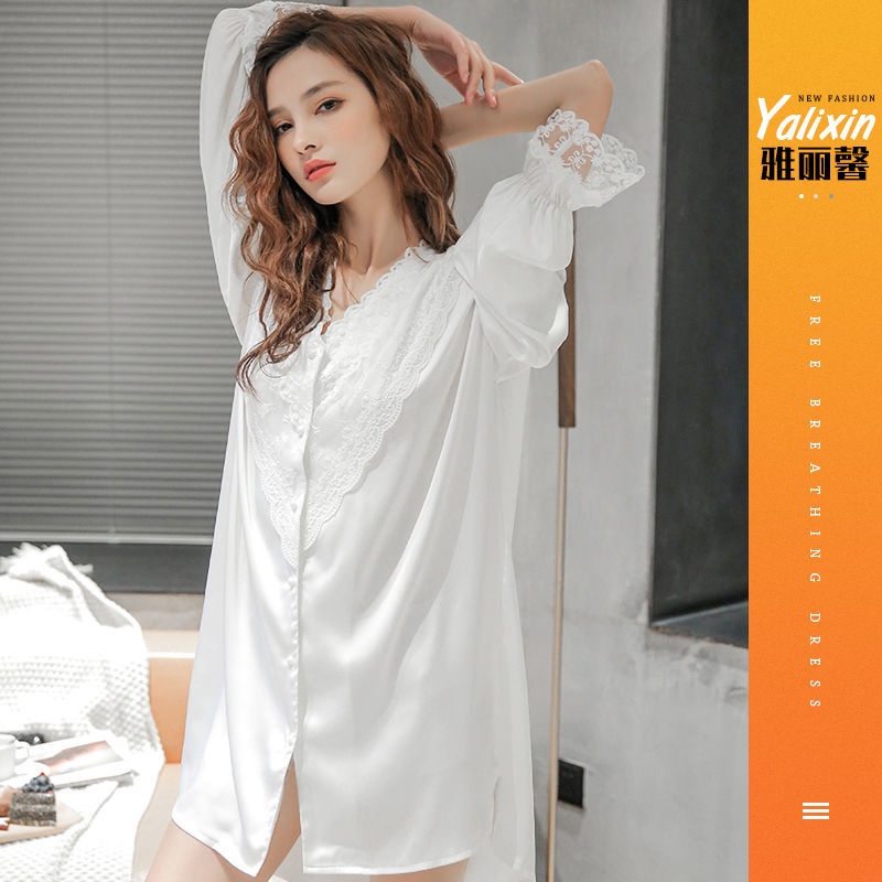Áo sơ mi ngủ tay dài vải voan mỏng phối ren kiểu Nhật Bản thời trang xuân thu cho nữ