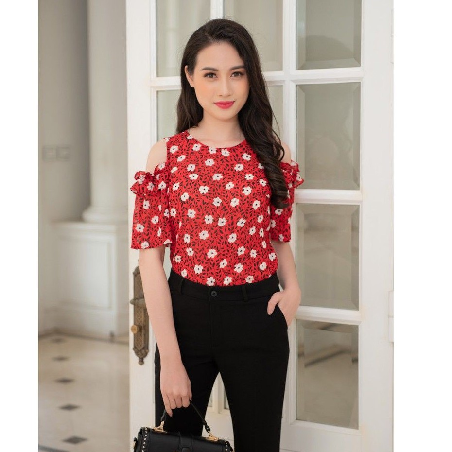 [Mã FASHIONMALLT4 giảm 15% đơn 150k] Áo sơ mi nữ LOZA hở vai hoa trắng nền đỏ - LS1332DO