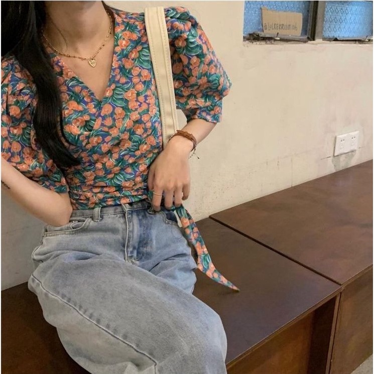 Áo Kiểu Tay Phồng Ngắn Cổ Chữ V Dáng Ôm Thời Trang retro Hàn Quốc Cho Nữ