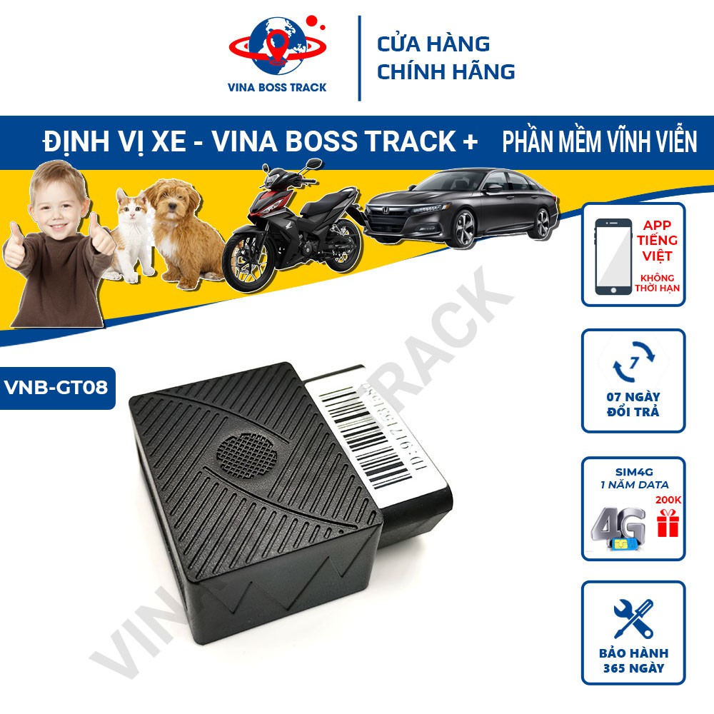 Định vị GPS ô tô VNB- GT08, phần mềm miễn phí, bảo hành 12 tháng ưu đãi mua kèm sim 4G data 1 năm