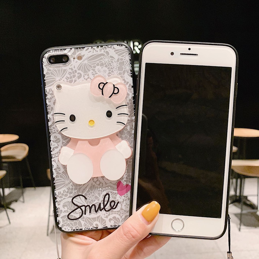 Ốp Điện Thoại Pc Thêu Ren Tích Hợp Gương Hình Hello Kitty + Dây Đeo Cho Iphone 5 6 7 8 11 12 X Xs Xr Se Plus Pro Max Mini 2020