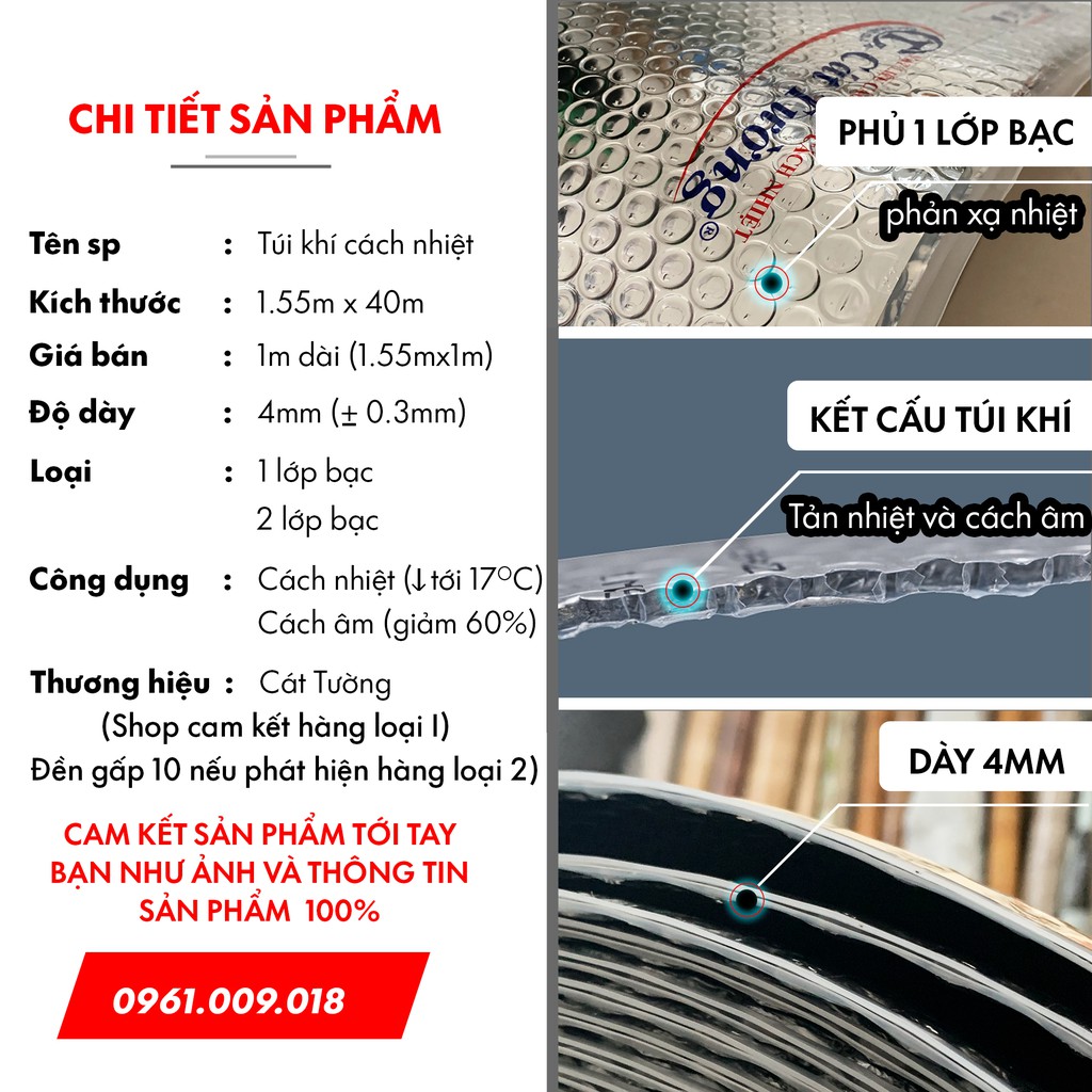 Tấm cách nhiệt chống nóng Cát Tường khổ 1.55m, Miếng cách nhiệt bạc túi khí chống nắng, cách âm tường, trần nhà hiệu quả