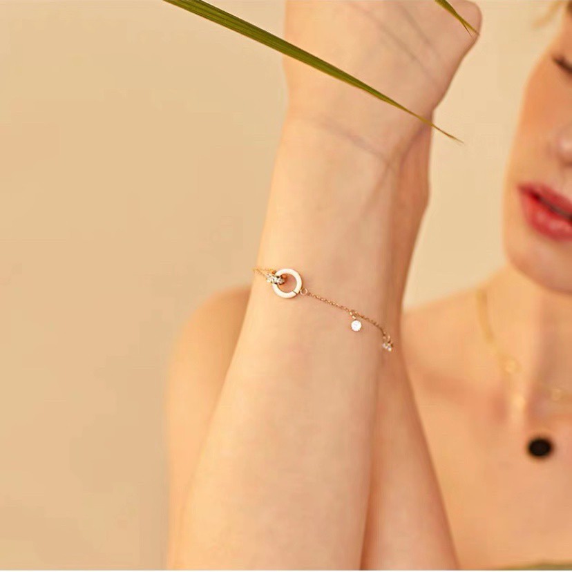Vòng tay/ lắc chân hai lớp bằng thép titan mạ vàng hồng 18K đính đá zircon phong cách Nhật Hàn đơn giản điều chỉnh được