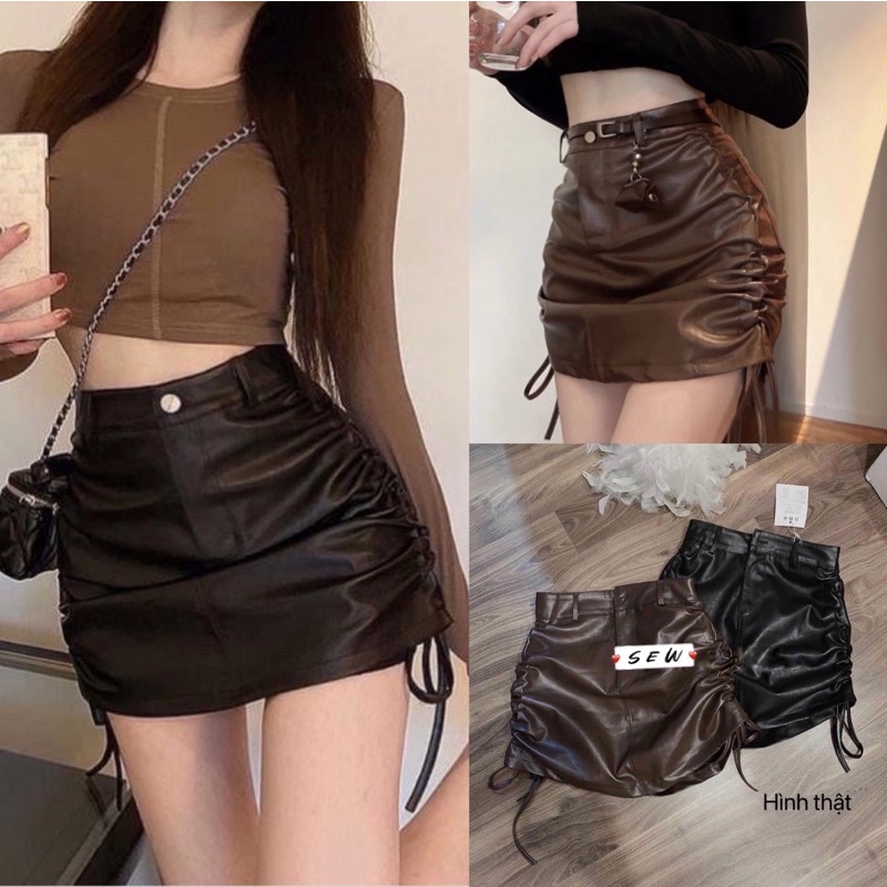 [Kèm Hình+Video Thật] Chân váy Da rút dây 2 bên dáng ngắn nữ body nhún hông ulzzang siêu hot