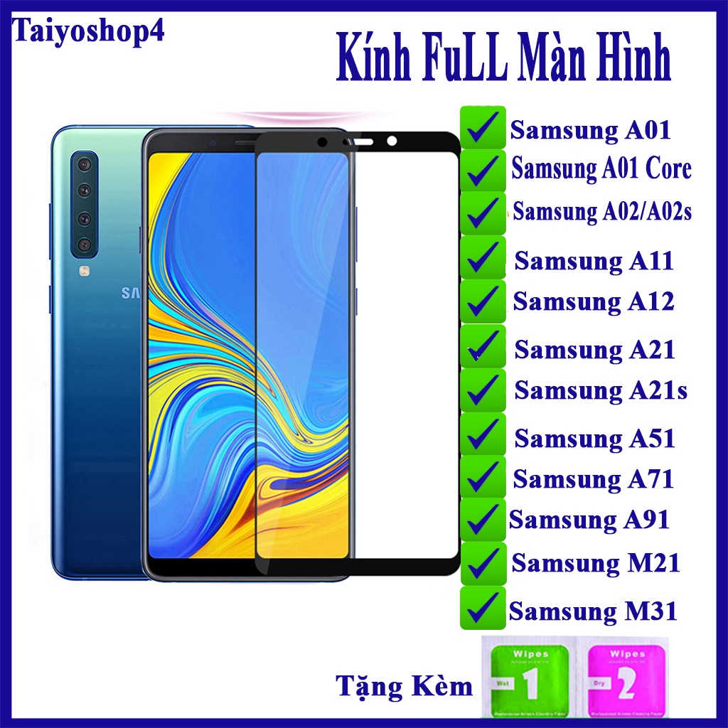 Kính cường lực Samsung A51/A71/A01/ A11/A12/ A21/ A21S/ M21/M31/M91/ M51/ A01 CORE/ A02S Full màn hình(Tặng Giấy 1/2)
