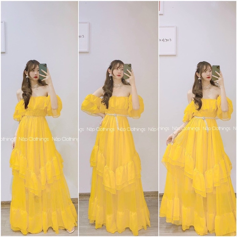 g11-đầm maxi tầng bẹt vai bèo , chất voan