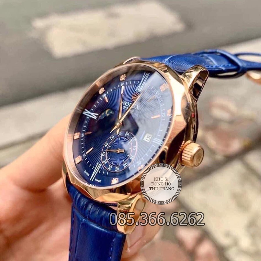 Đồng hồ nam Rolex cơ Automatic mẫu 3 kim mặt cắt vát kim cương xanh viền vàng size 40-41mm