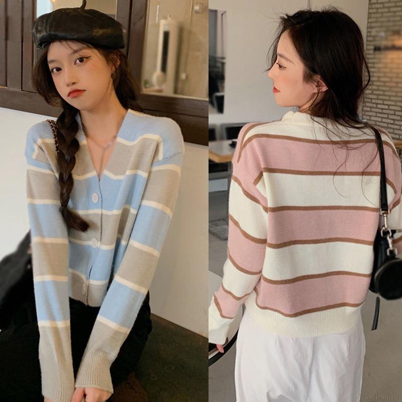 Áo khoác cardigan dệt kim cổ chữ V tay dài dáng rộng kẻ sọc phối nút thời trang cho nữ