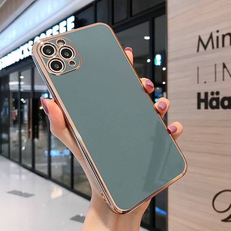 Ốp điện thoại mềm mạ vàng vuông nắp kính bóng sang trọng cho iPhone 12 11 Pro Max XS Max X XR 7 8 Plus SE 2020