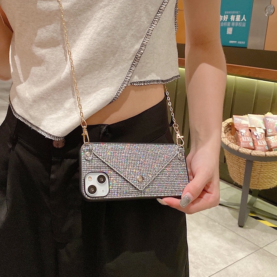Ốp Điện Thoại Dạng Ví Đính Kim Tuyến Lấp Lánh Có Dây Đeo Chéo Cho iPhone 14 12 11 13 Pro Max X XR XS 7 8 Plus