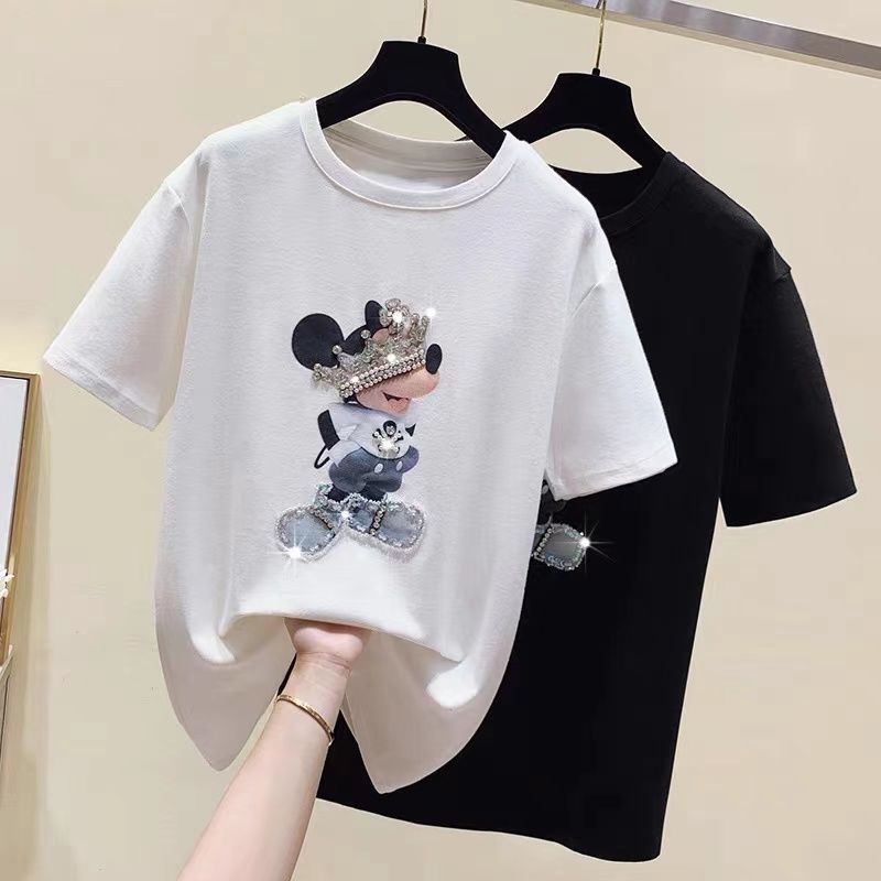 Áo thun cotton dáng rộng họa tiết chuột Mickey dễ thương cho nữ