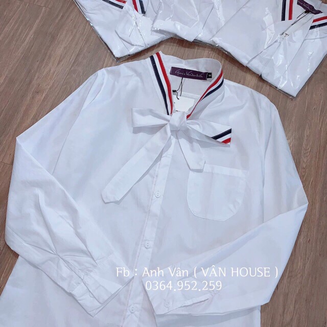 Xả - Áo sơ mi nơ cổ phối viền đỏ cho nữ