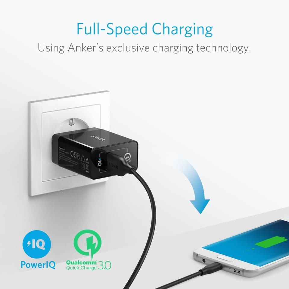 Sạc ANKER PowerPort+ 1 18w Quick Charge 3.0 PowerIQ chân tròn - A2013 - Hãng phân phối chính thức