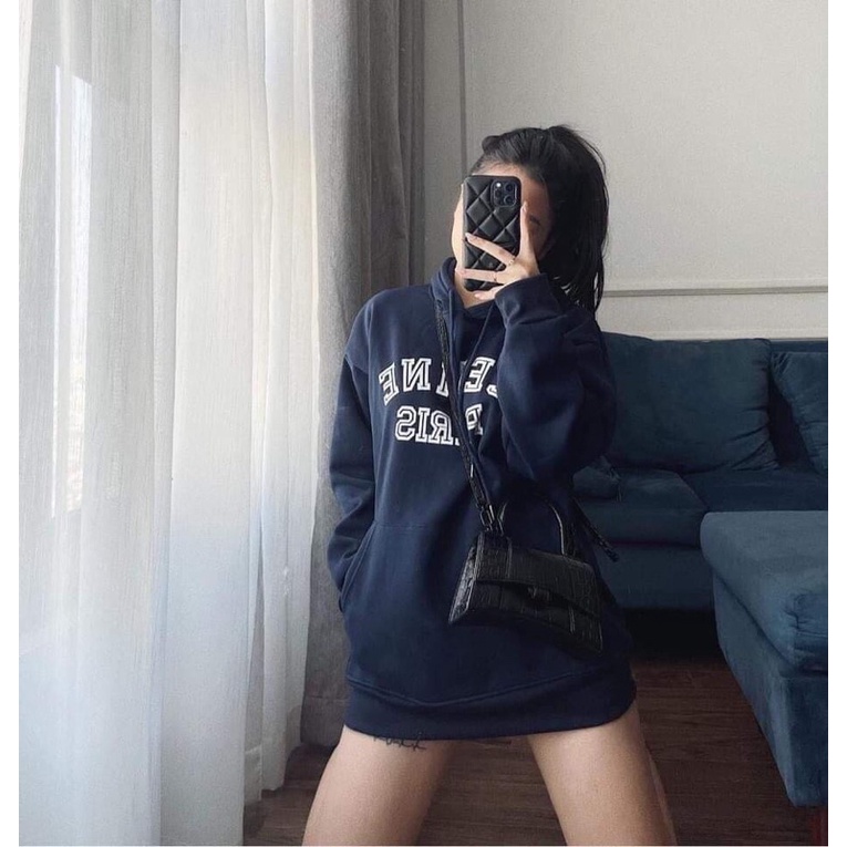 Áo Nỉ Hoodie Mũ Paris Màu Xanh Than Dáng Rộng Giấu Quần