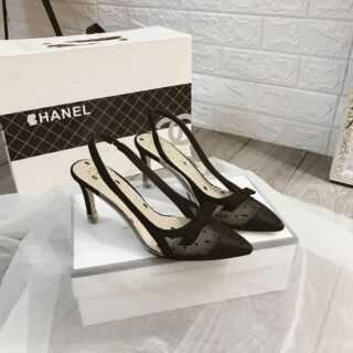 Giày gót nhọn lưới chấm bi nơ sau 7p