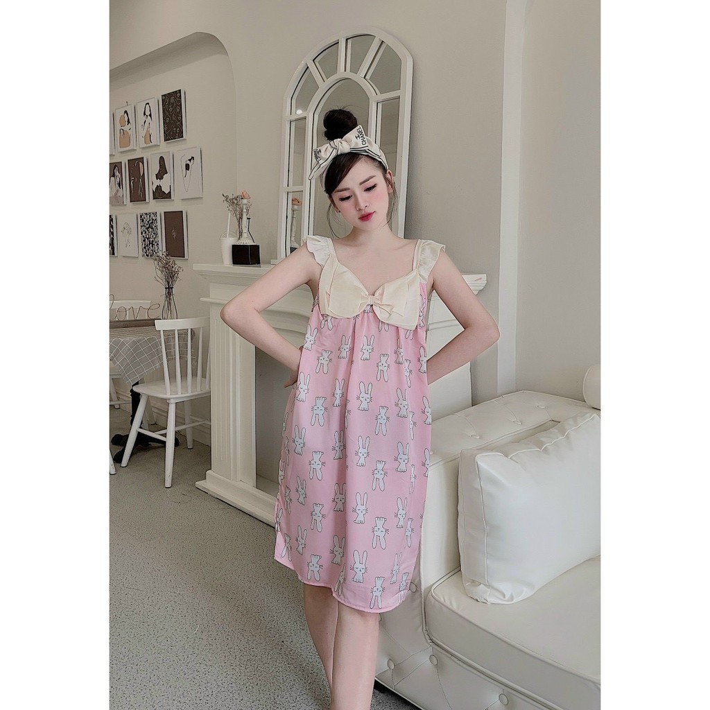 Đầm Ngủ Lụa Satin phối nơ hoạ tiết dễ thương cute | BigBuy360 - bigbuy360.vn