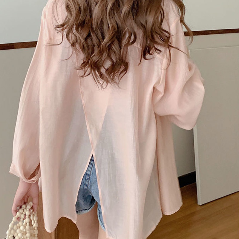 Áo sơ mi IELGY tay dài dáng rộng màu trơn xẻ lưng thời trang cho nữ