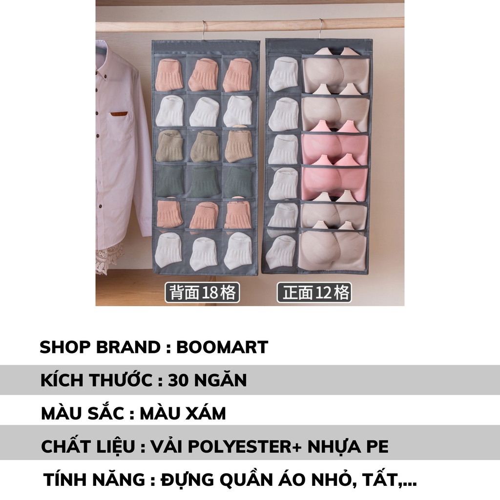 Túi treo đồ lót, tất 30 ngăn, túi đựng quần áo nhỏ đa năng tiện lợi, tiết kiệm không gian tủ đựng quần áo - BooMart