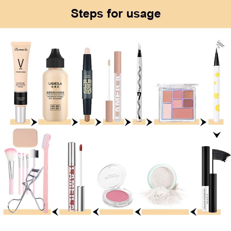 Bộ mỹ phẩm 15 món LAMEILA son môi+Kem che khuyết điểm+mascara+chì kẻ mày+kẻ mắt+thanh đường viền+BB cream+Kem cách ly+Phấn mắt+Phấn má hồng+Thiết lập bột trang điểm rời+bông phấn phồng+Dao cắt lông mày+Dụng cụ uốn mi+Cọ trang điểm