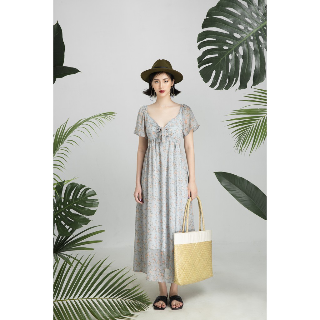 [ 26Studio ] Đầm dài vải voan họa tiết hoa cột nơ Angelia Dress | BigBuy360 - bigbuy360.vn