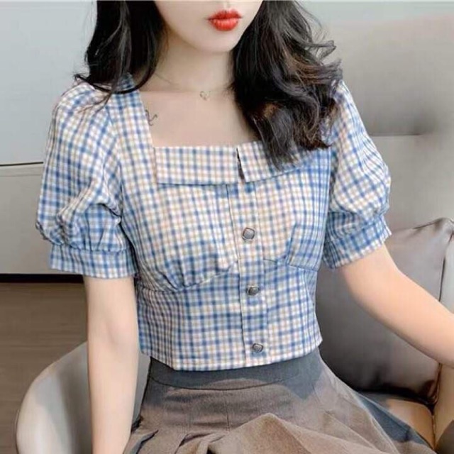 Áo sơ mi kẻ croptop kiểu dáng trẻ trung nữ tính NP1225