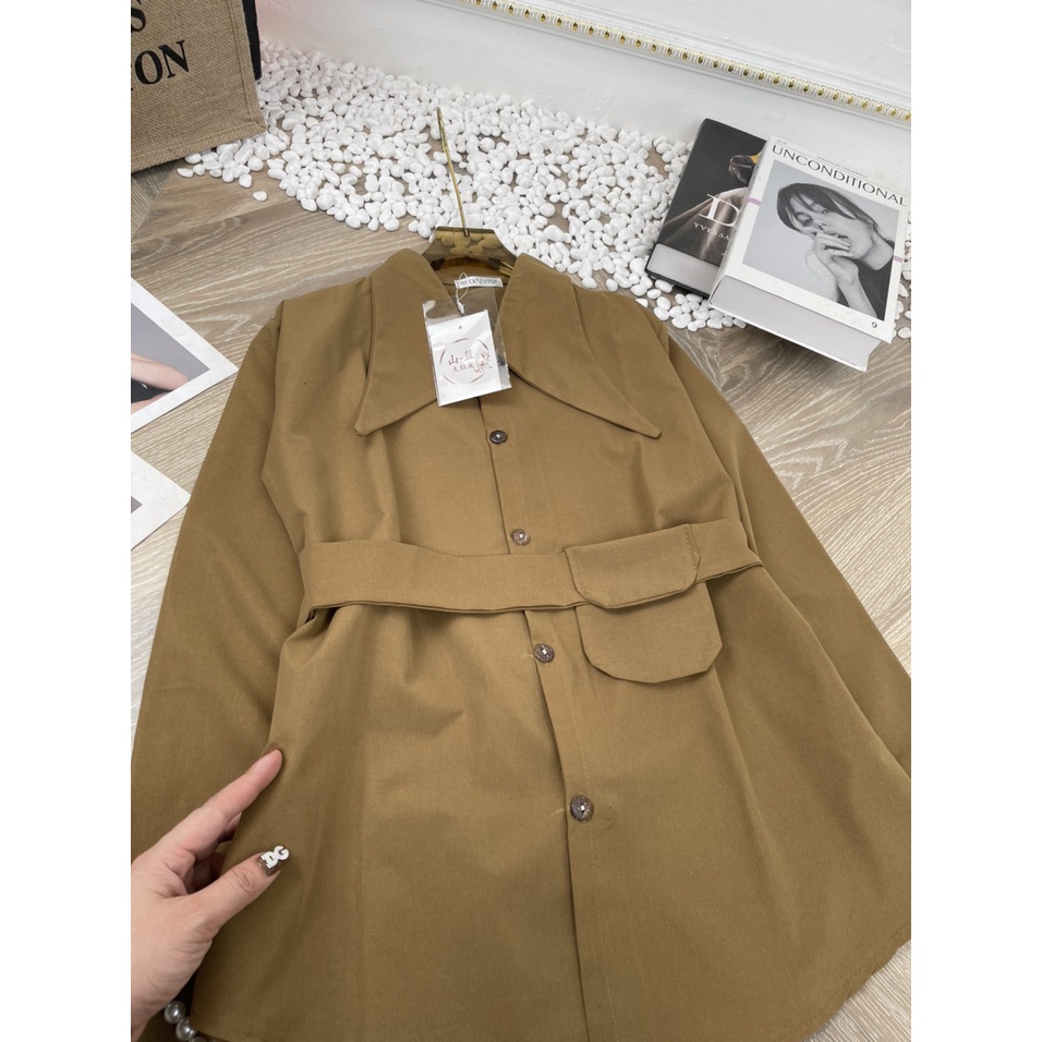 ÁO SƠ MI DÀI TAY ĐAI TÚI MÀU NÂU TÂY SIÊU XINH