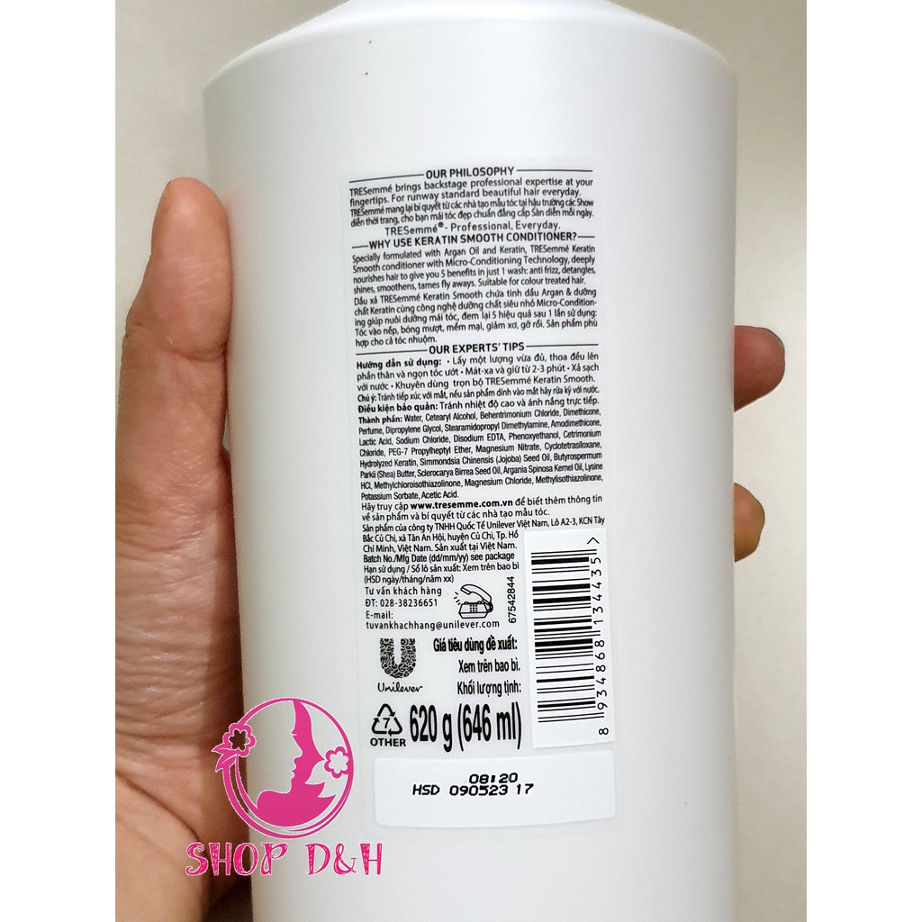 Dầu Xả Tresemmé Keratin Smooth Tinh Dầu Argan &amp; Keratin Vào Nếp Suôn Mượt (620g)