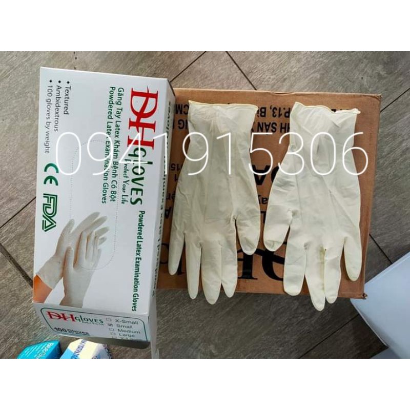 Găng tay cao su y tế có bột DH Gloves găng tay latex cao su thiên nhiên dùng trong spa thẩm mỹ, nha khoa, phun xăm