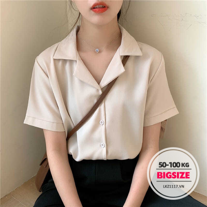 Áo sơ mi Bigsize Áo kiểu nữ form rộng tay ngắn cổ vest trơn mùa hè Phong cách Hàn Quốc Thời Trang tiểu thư cá tính xinh đẹp cho người mập béo
