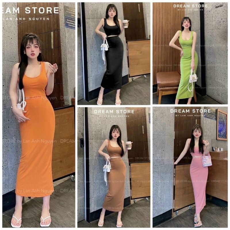 Set Thun Áo Croptop Sát Nách Ba Lỗ Cổ U Và Chân Váy Dáng Dài Maxi Ôm Body Sexy
