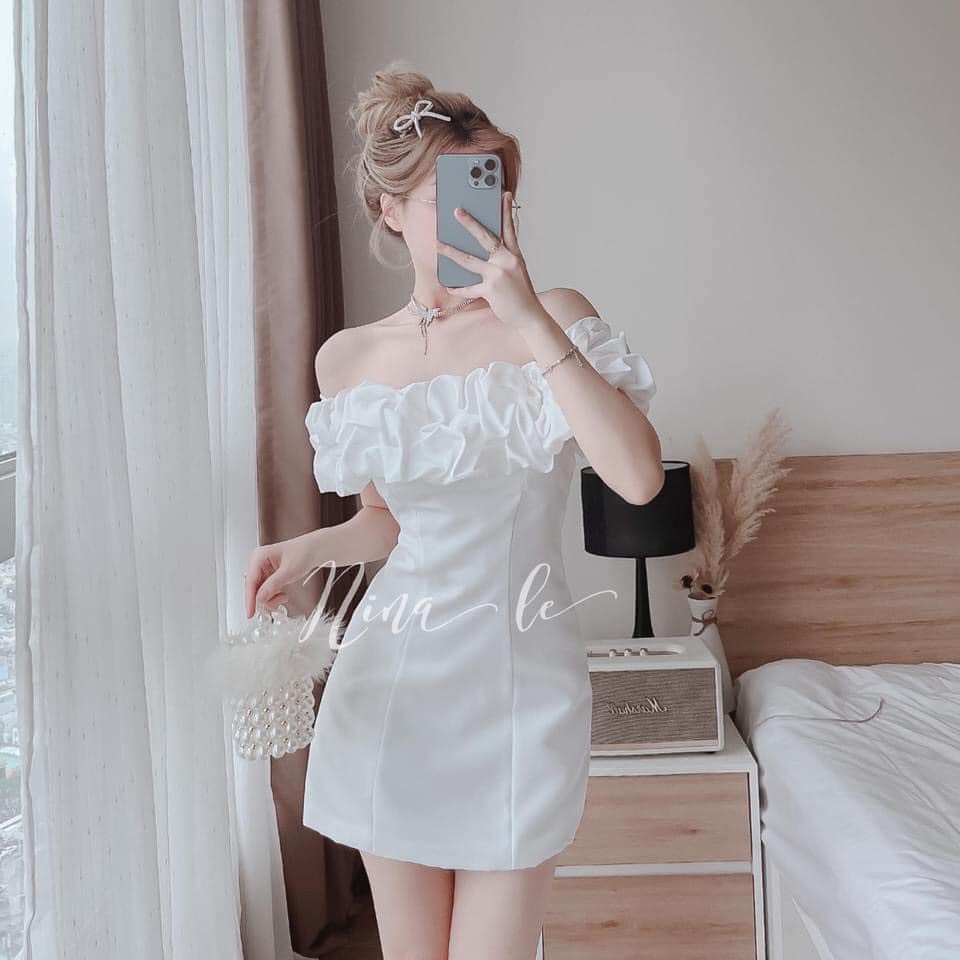 [8.8 Sales Freeship] Đầm trắng nữ đi tiệc, đầm trắng bèo nhún ngực trễ vai ôm body dáng ngắn quyến rũ, sang chảnh
