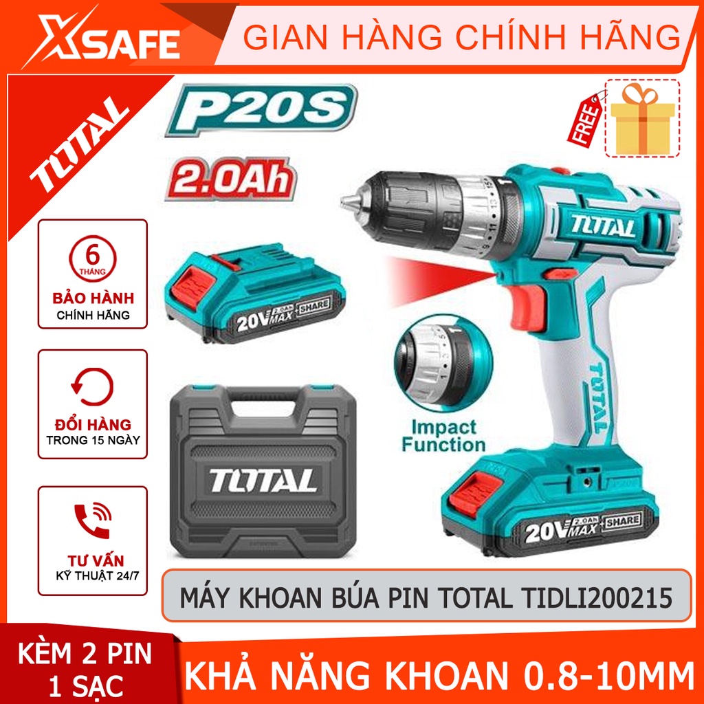 Máy khoan búa dùng pin 20V Total TIDLI200215 nhông hai tốc độ 400-1500v/p, lực đập 22500v/p, kèm 2 pin 1 sạc, có đèn LED