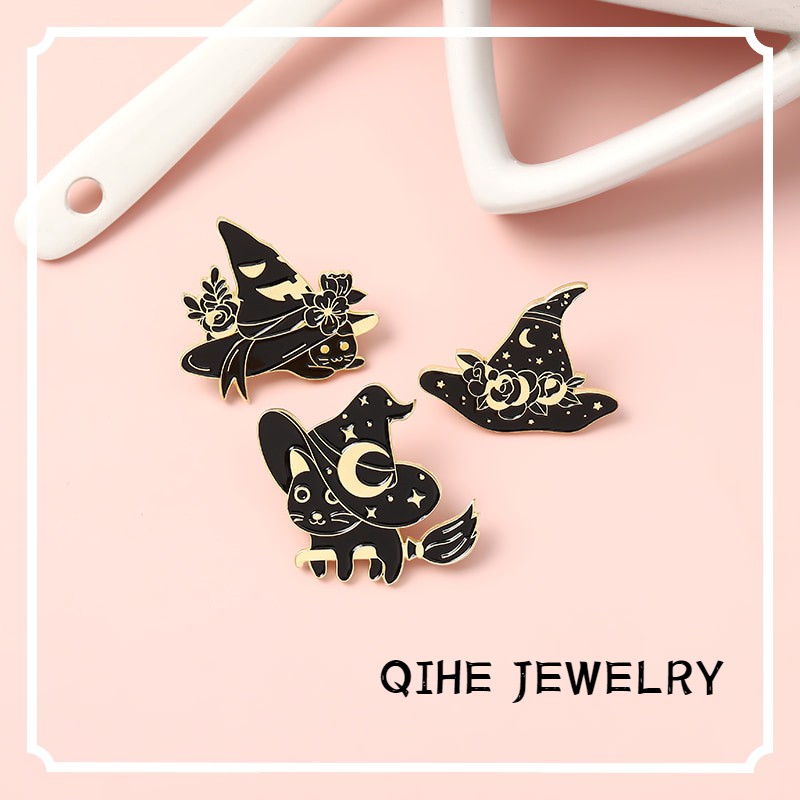 Ghim cài áo QIHE JEWELRY QIHE JEWELRY họa tiết mèo phù thủy phong cách gothic đáng yêu
