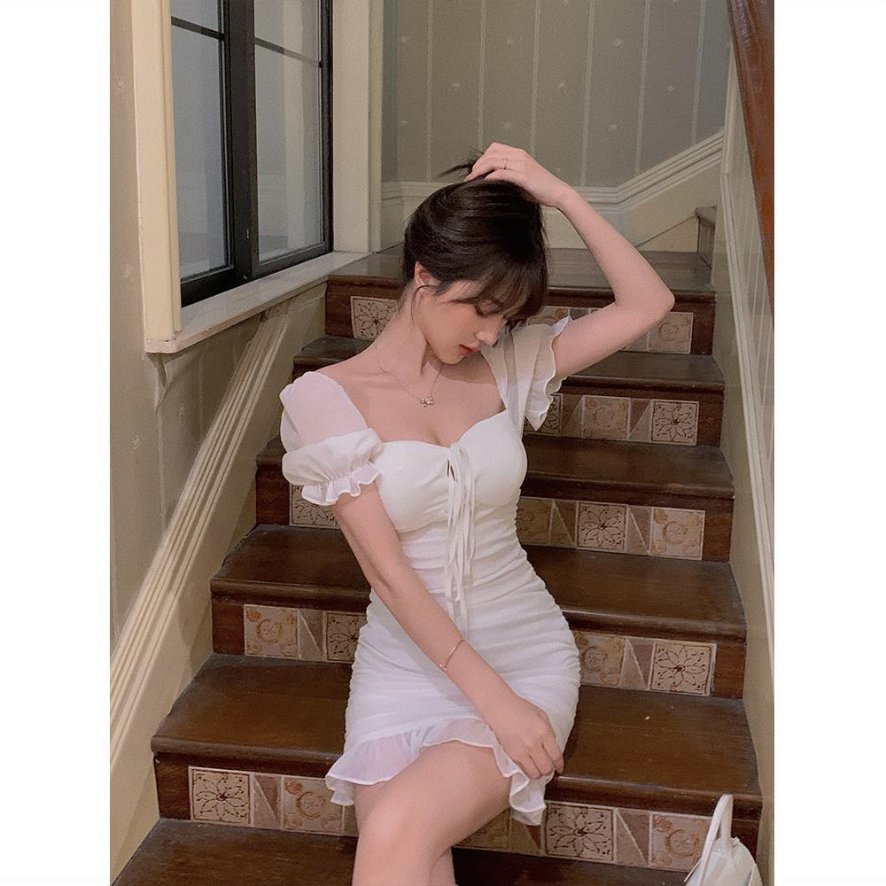 Đầm tay phồng màu trắng nữ tính thanh lịch thời trang mùa hè 2021 cho nữ