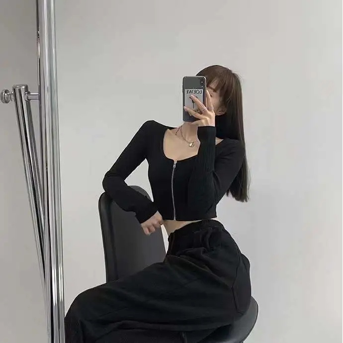 Happy-store ❤️ Áo croptop tay dài dây kéo thun gân - Crt dài tay dây kéo chất đẹp