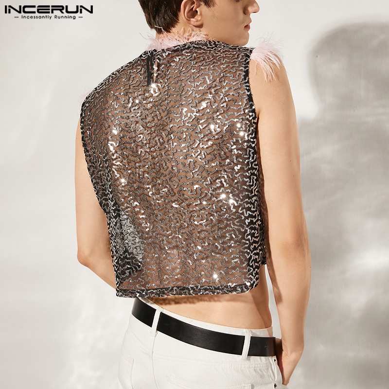 INCERUN Áo Croptop Sát Nách Đính Kim Sa Lấp Lánh Xuyên Thấu Thời Trang Dự Tiệc Cho Nam