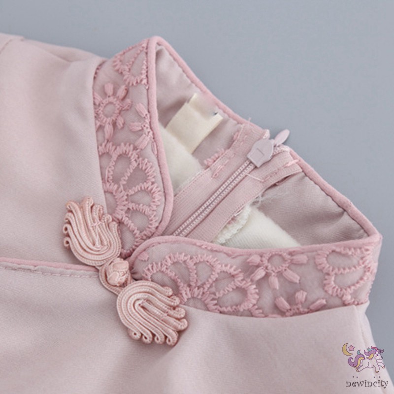 Đầm Nhung Phối Ren Phong Cách Trung Hoa Xinh Xắn Cho Bé Gái