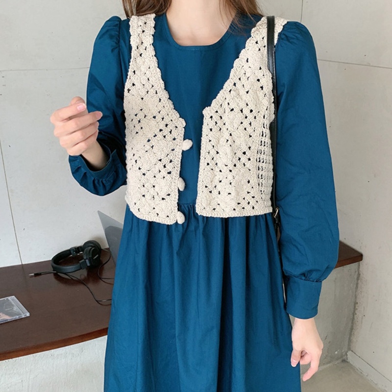 Áo khoác eo cardigan sweater dệt kim không tay cổ chữ V cài nút phối ren hoa cổ điển giản dị cho nữ